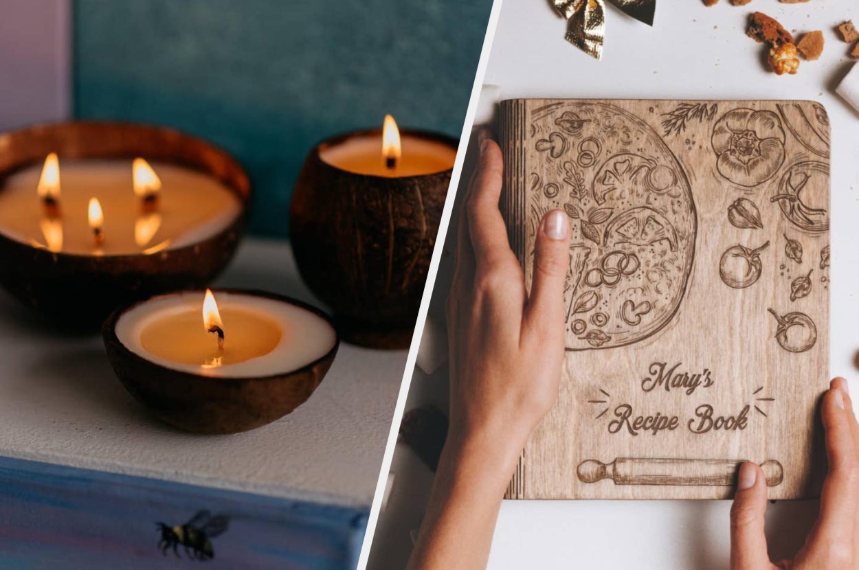 Image of coconut shell candles and a wooden cookbook