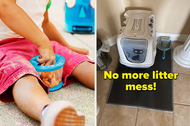on left, toddler hand reaches into blue cup with mess-proof lid to pick up crackers. on right, gray litter-trap mat under white litter box
