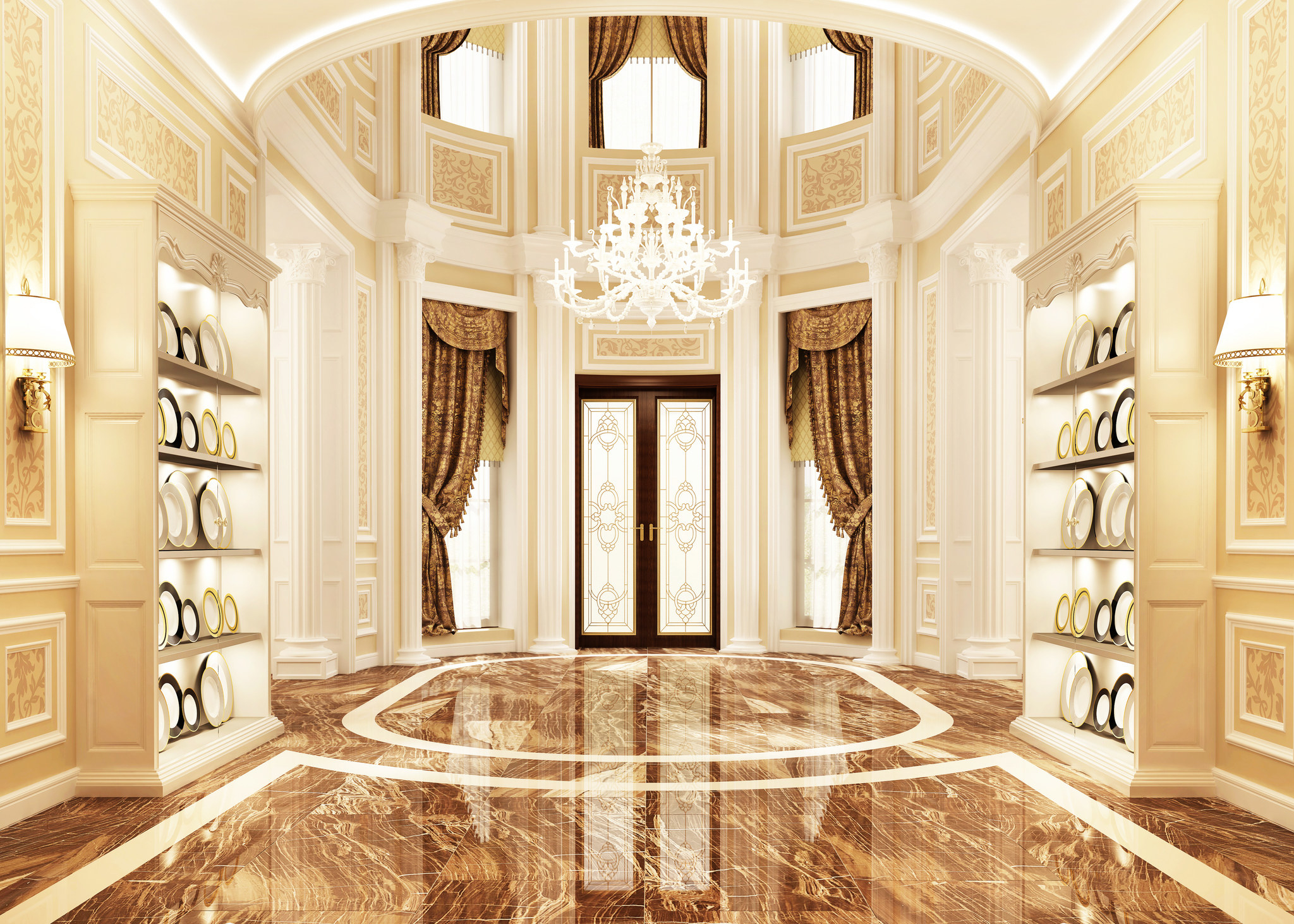 Entryway of a grand house with a chandelier and polished floors