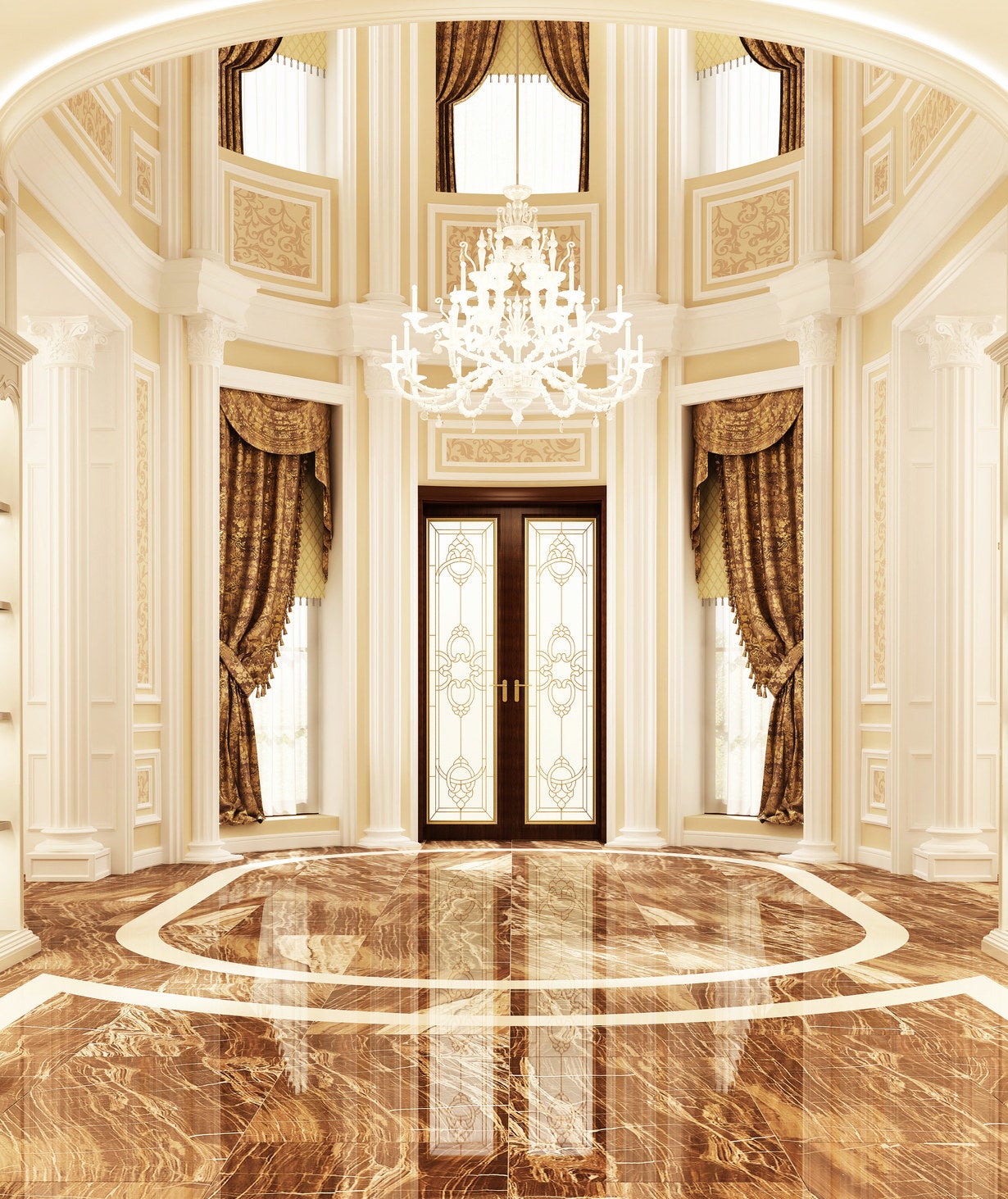 Entryway of a grand house with a chandelier and polished floors