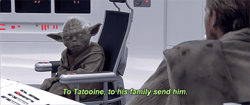 Yoda swiveling in his chair and saying, &quot;To Tatooine, to his family send him&quot;
