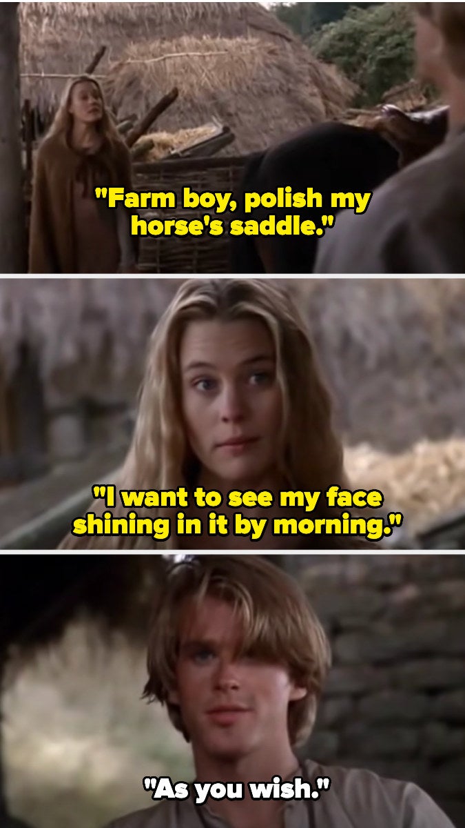 Buttercup telling Westley to polish her saddle, and Westley responding, "As you wish"