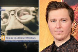 The Riddler's livestream being shown on the news in "The Batman"/Paul Dano at the premiere of "The Batman"
