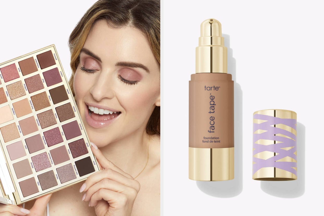 model holding eyeshadow palette and tarte shape tape foundation