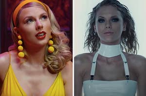 on the left, taylor wears a thick headband and long, round earrings; on the right, taylor has wet hair and smudged eyeliner while laying down