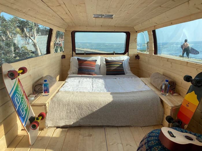 the interior of the wood paneled van