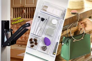 A person crushing a soda can with a can crusher, a bunch of clear acrylic drawer organizers with cosmetic products in them, and a person hanging their purse on a purse hook at a table