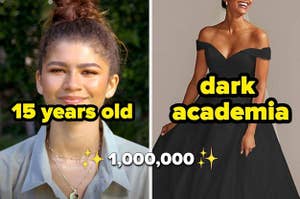 Zendaya with text over her that says 15 years old and a black wedding dress with text that says dark academia