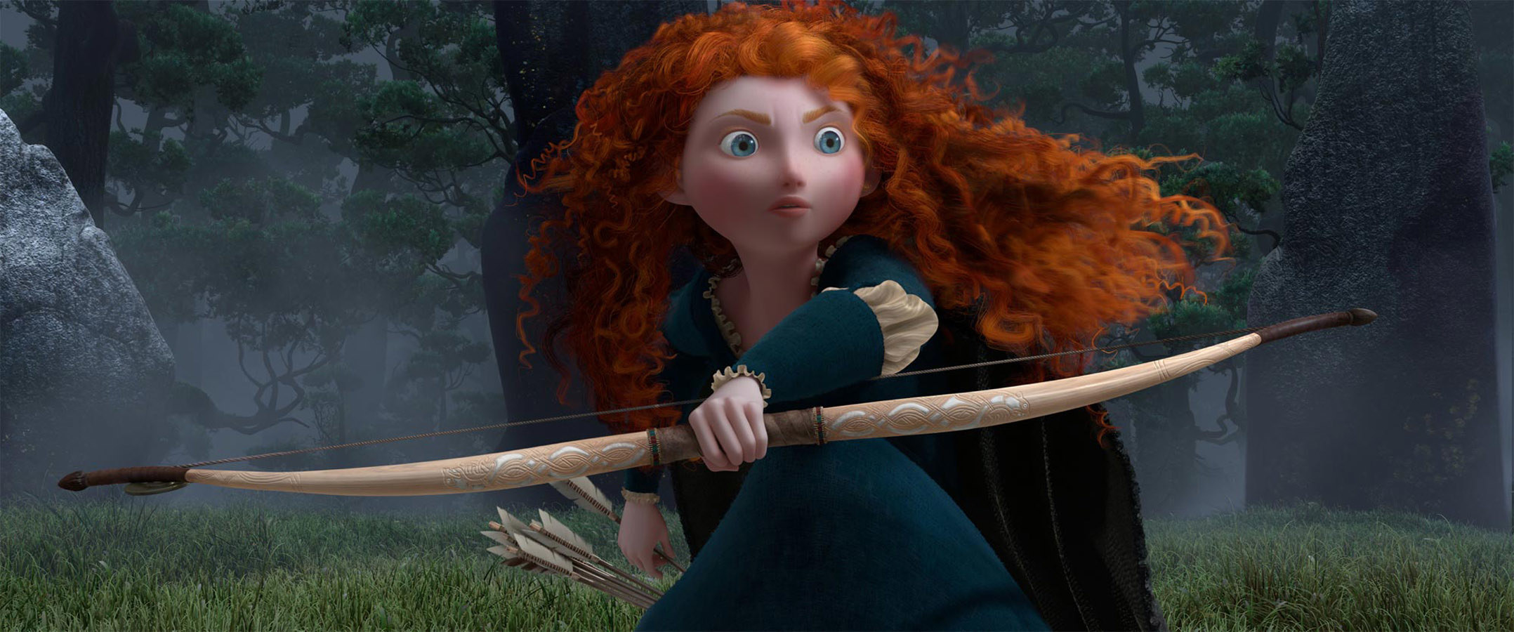 Merida in the forest holding her bow at the ready and reaching for an arrow