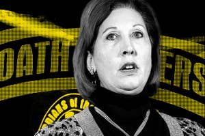 A photo illustration of Sidney Powell in front of an Oath Keepers logo