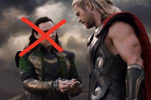 thor and loki with loki's face crossed out