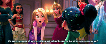 Rapunzel asking Vanellope if people assume her problems got solved because a big strong man showed up
