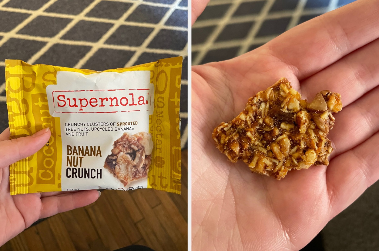 bag of banana nut granola next to a large piece of it