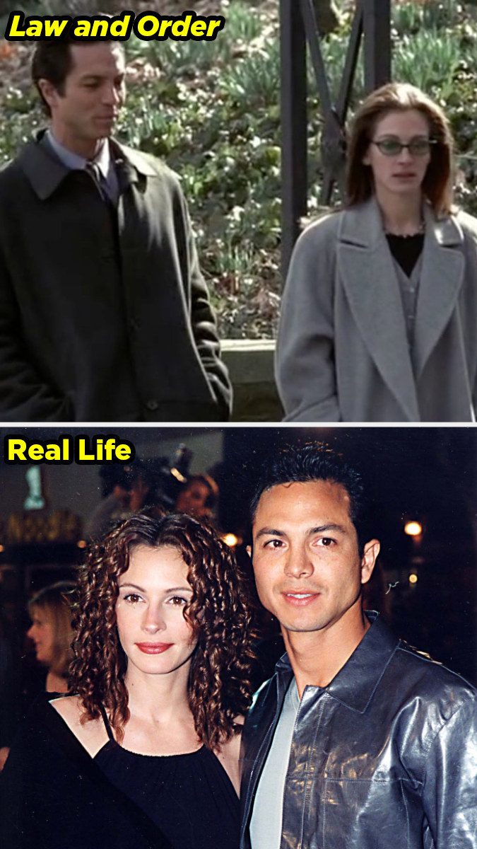 Julia and Benjamin walk in the park in Law and Order and pose for a photo in real life at an event