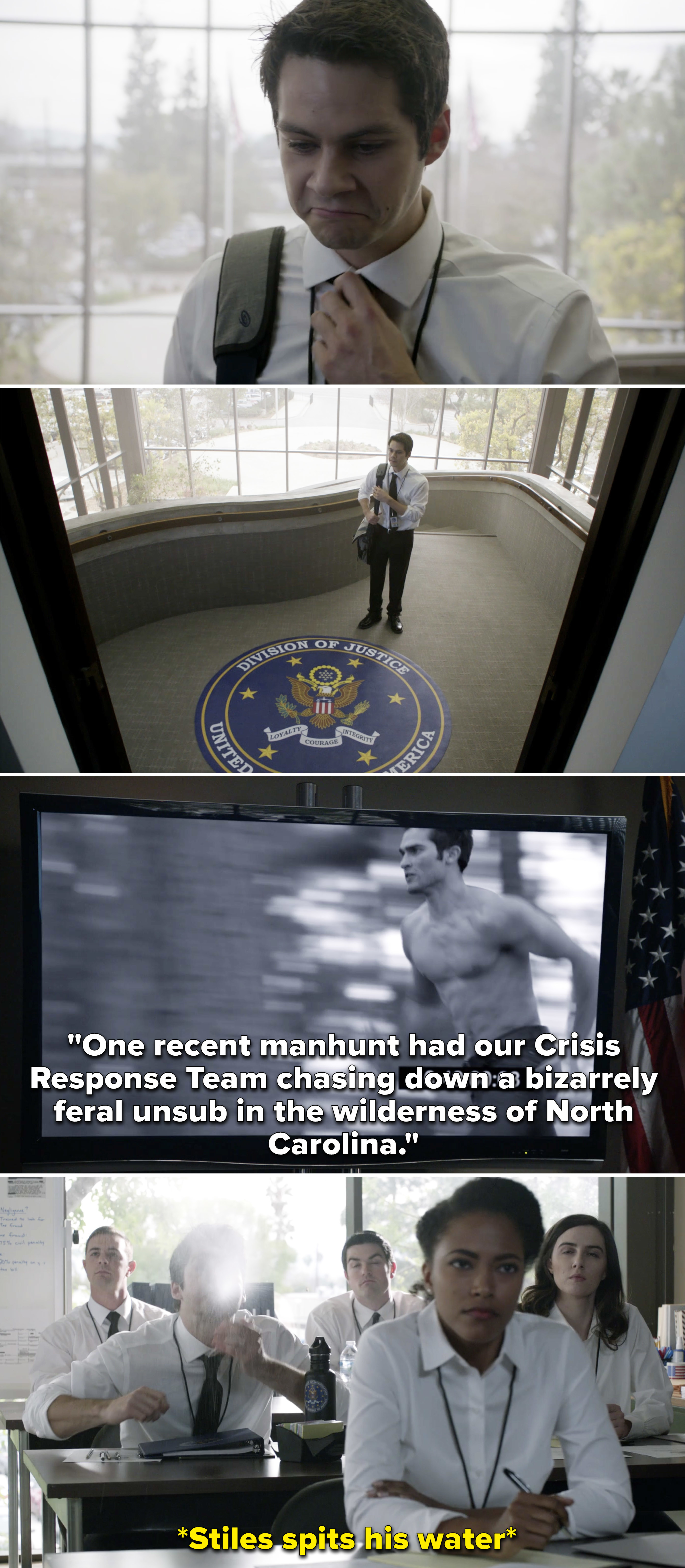 Stiles at the FBI Office and then a TV screen showing Derek running, to which Stiles spits out his water