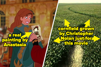 An image of Anastasia with text, "a real painting by Anastasia" and an image of Interstellar with text, "cornfield grown by Christoper Nolan just for this movie"