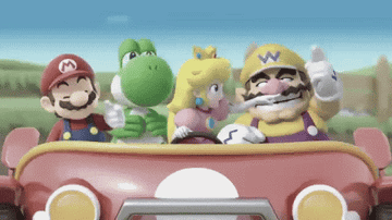 GIF of Mario, Yoshi, Peach, and Wario in a car