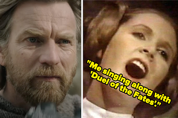 Obi-Wan with a beard and long hair, and princess leia singing during the star wars christmas special