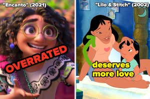 Mirabel from Encanto with text that says "Overrated" next to Lilo and Nani with text that says "deserves more love"