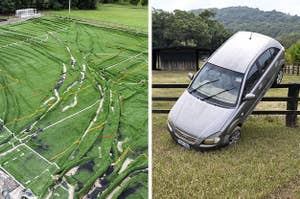 Left: A flooded football field; Right: A car that has been washed by floodwaters and is now leaning on a fence
