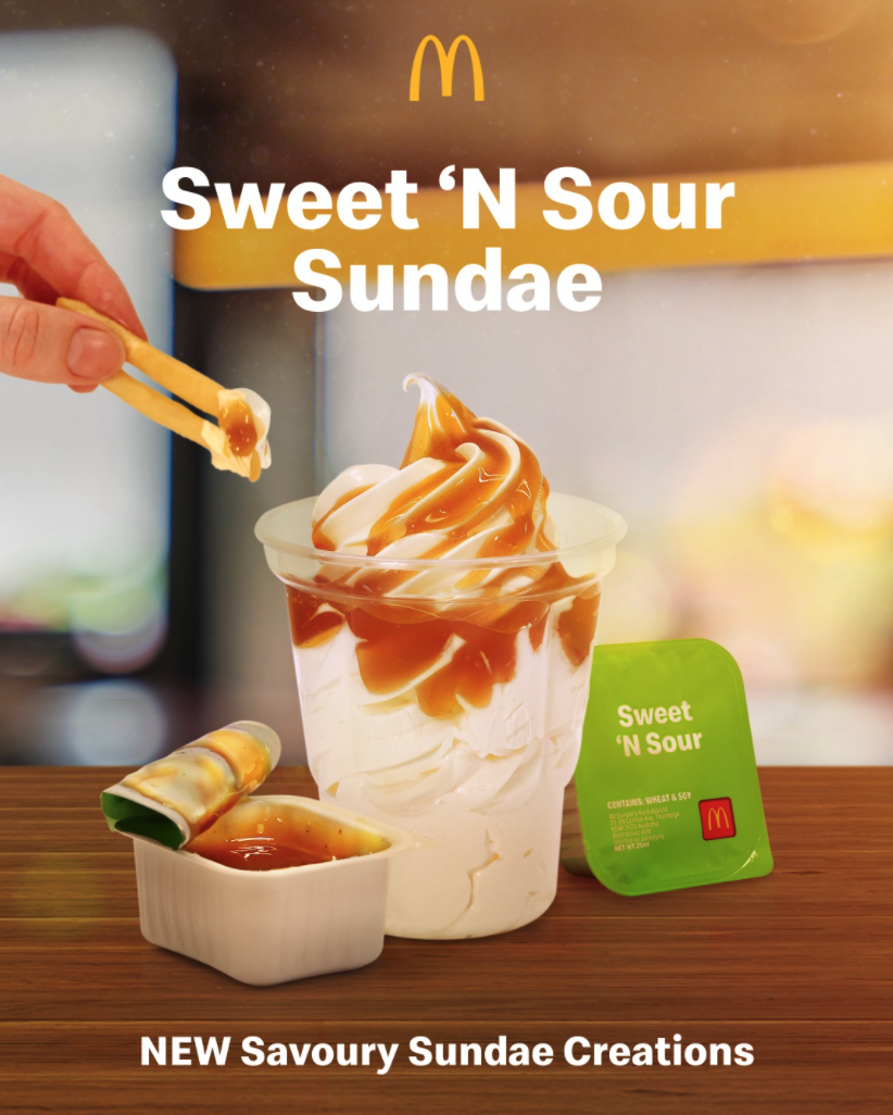 Sweet 'n' Sour Sundae: New Savoury Sundae Creations, showing a sundae with an open sweet-and-sour sauce packet next to it