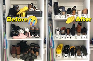 shelves full of messy shoes with "before" and crying emoji, shelves with neatly stacked shoes with "after" and clapping emoji
