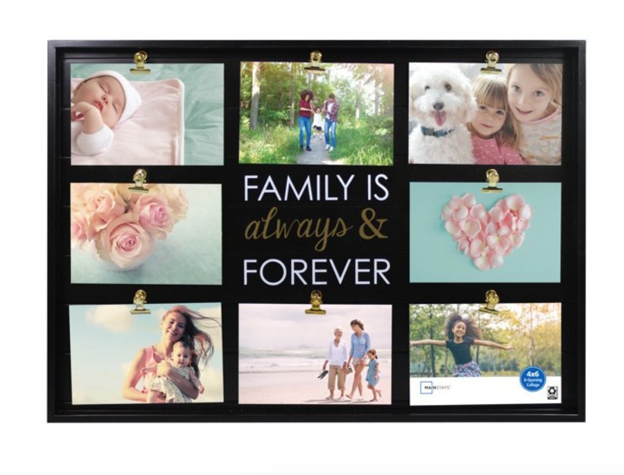 A black 8 photo frame with &quot;family is always &amp;amp; forever&quot; in the center