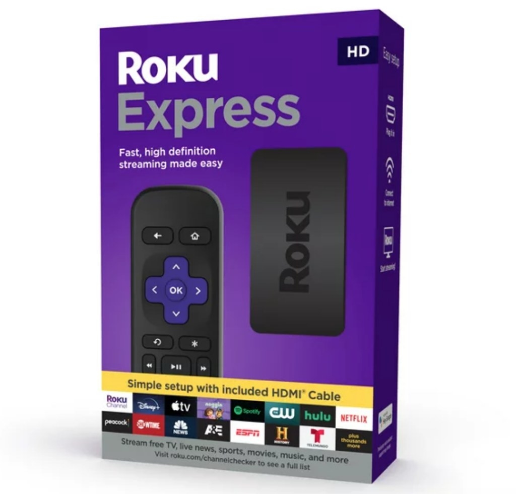 A Roku express streaming player and remote