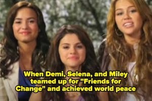 Demi Lovato, Selena Gomez, and Miley Cyrus together captioned "When Demi, Selena, and Miley teamed up for 'Friends for Change' and achieved world peace"