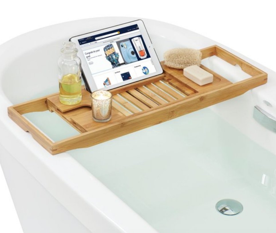 A wooden bath tray
