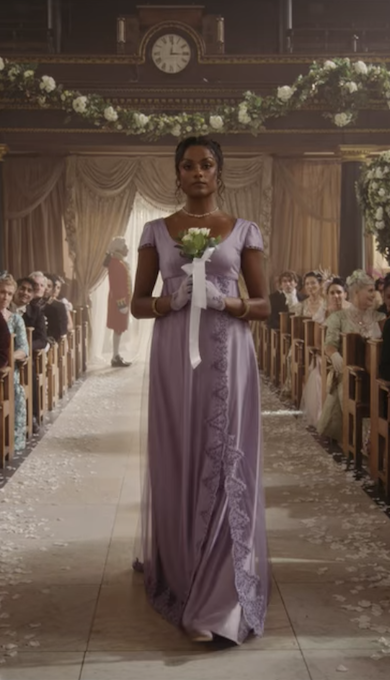 kate walks down the aisle in a short-sleeved dress