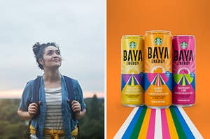 Split frame of woman hiking and promotional imagery of Starbucks Baya Energy