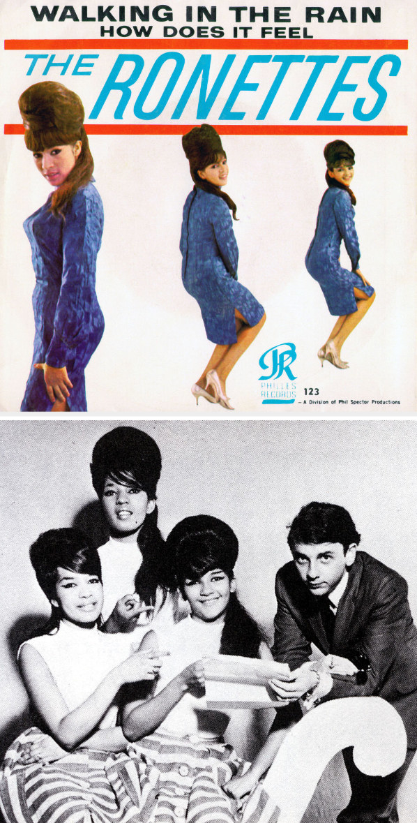 Album cover of the Ronettes&#x27; &quot;Walking in the Rain&quot; and &quot;How Does It Feel;&quot; the Ronettes posing with Phil Spector in the 1960s