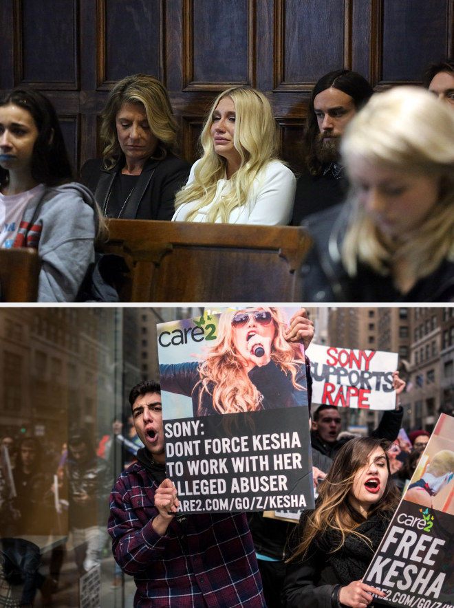 Kesha crying in court when she learns she won&#x27;t be free from her record contract in 2016; #FreeKesha supporters outside of Sony&#x27;s HQ in 2016