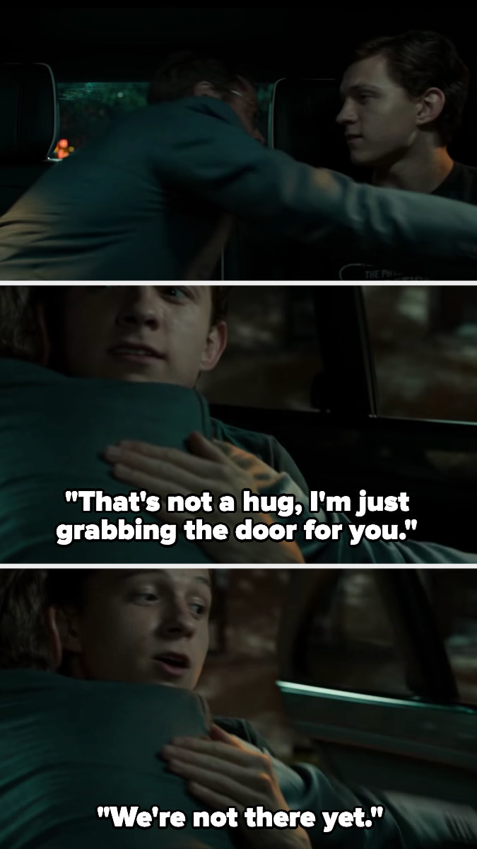 Tony reaches over Peter for the door in Spider-Man: Homecoming and Peter thinks he&#x27;s hugging him