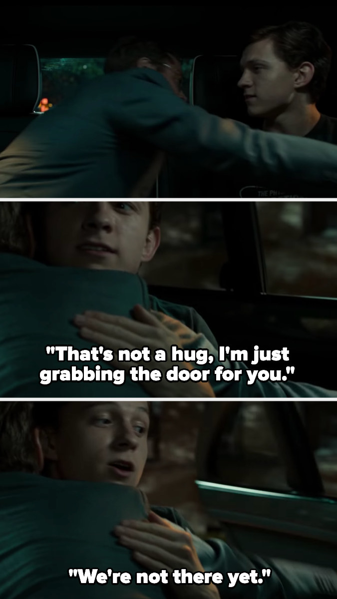 Tony reaches over Peter for the door in Spider-Man: Homecoming and Peter thinks he's hugging him