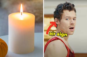 On the left, a lit candle, and on the right, Harry Styles in the As It Was music video with an arrow pointing to him and air sign typed underneath his chin