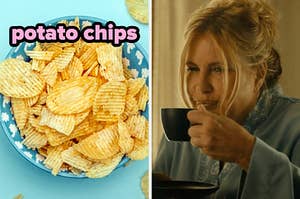 On the left, a bowl of potato chips, and on the right, Jennifer Coolidge sipping some tea as Tanya on The White Lotus