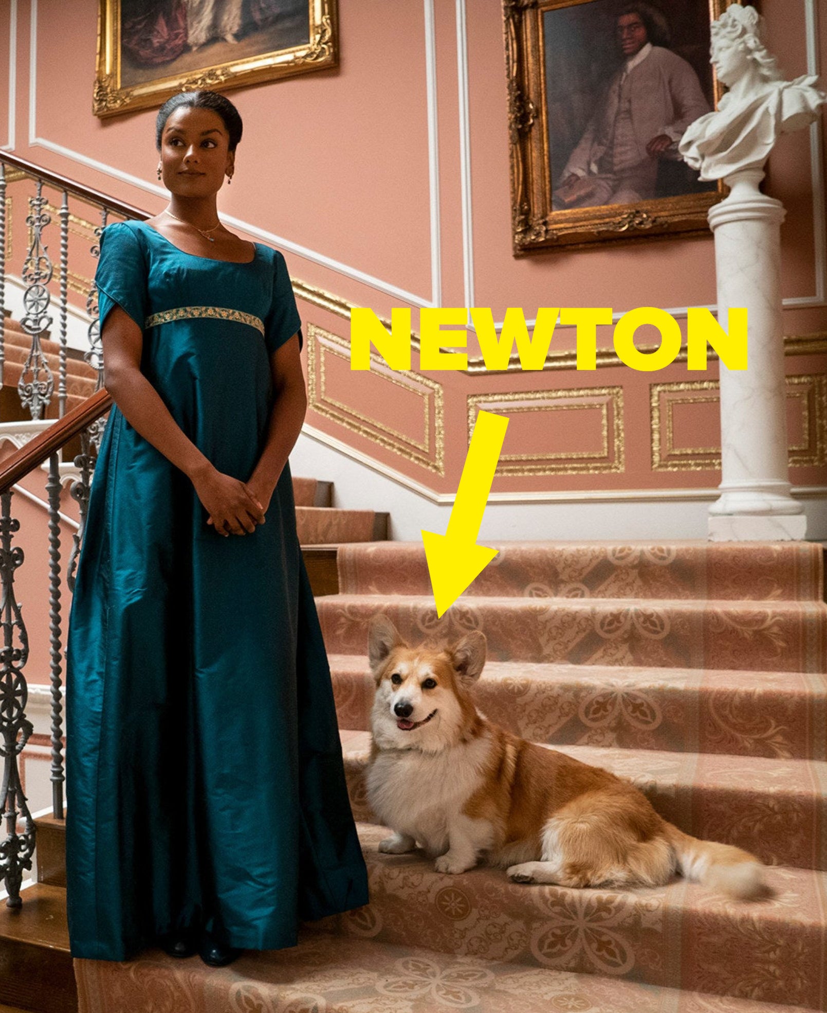 Newton sitting comfortably next to Kate Sharma on a set of luxurious steps