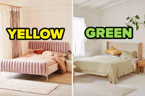 On the left, a bright bedroom with a bed with a velvet headboard labeled yellow, and on the right, a sunny bedroom with plants in it labeled green
