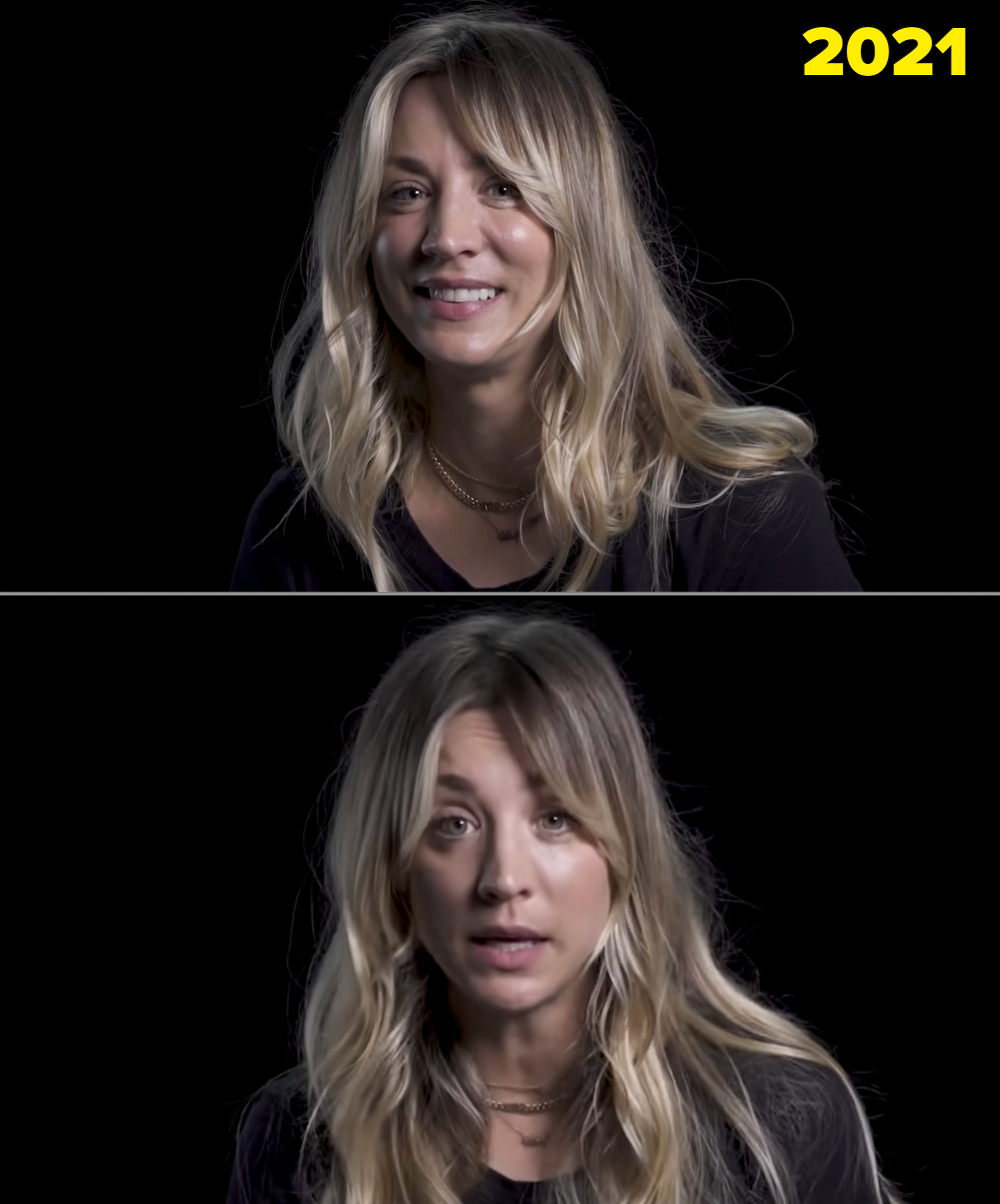 Kaley Cuoco being interviewed in front of a black backdrop in 2021