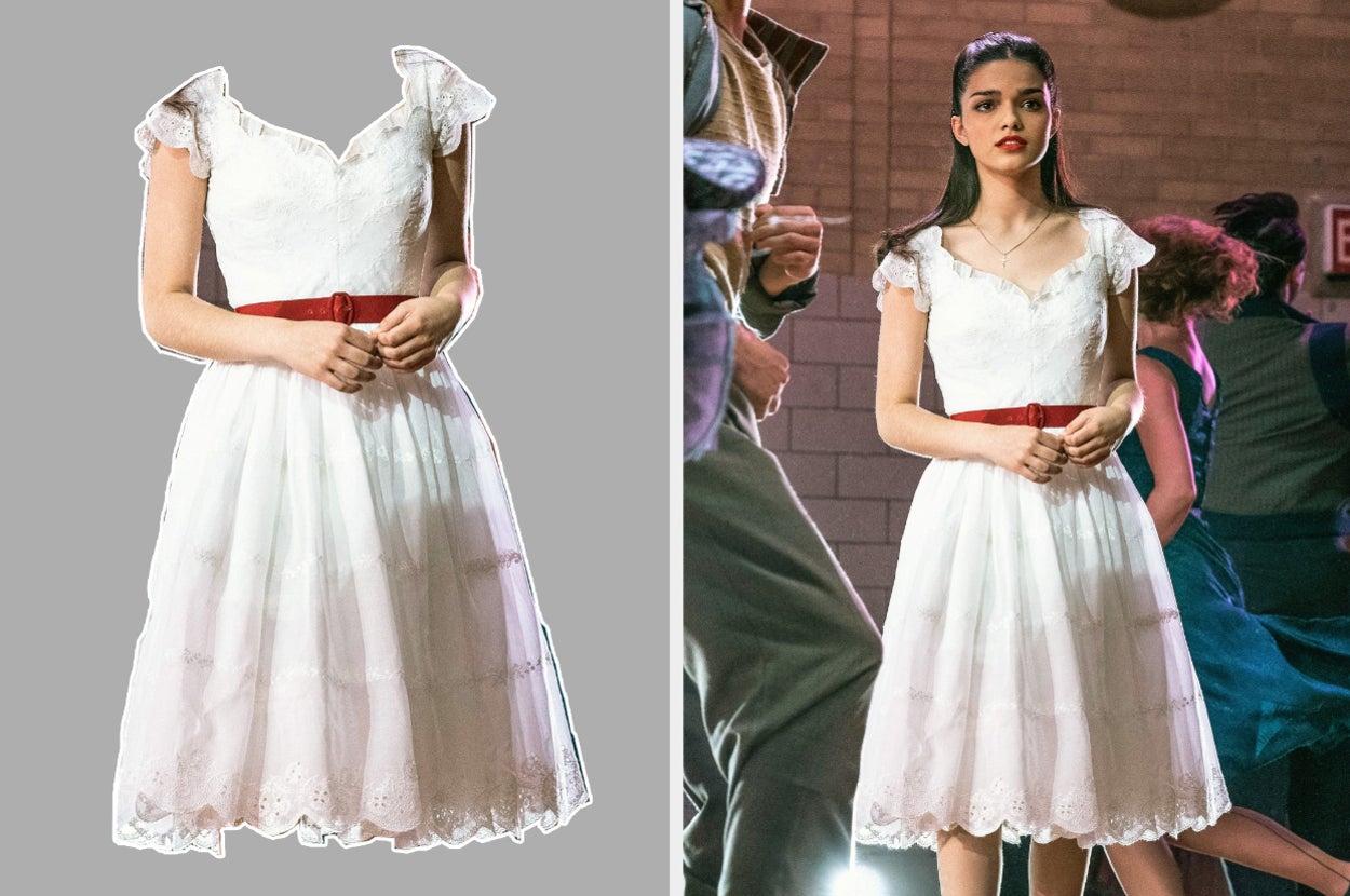 On the left, a flowy dress with a belted waist, and on the right, Rachel Zegler wearing that same dress as Maria in West Side Story