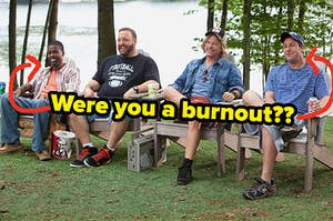 The cast of "Grown Ups" sit in lawn chairs drinking 