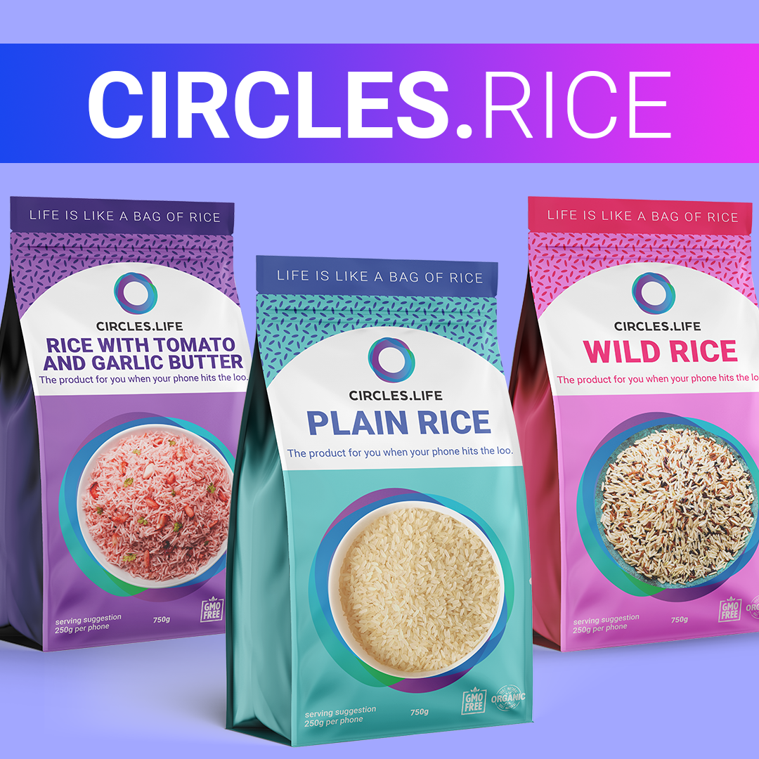 Circles.rice in three flavours: Rice with tomato and garlic butter, plain rice, and wild rice: "The product for you when your phone hits the loo"