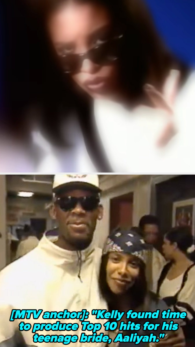 Aaliyah in her &quot;Age Ain&#x27;t Nothing but a Number&quot; music video; R. Kelly and Aaliyah posing in an MTV segment in 1994