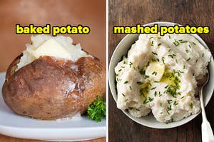 On the left, a steaming baked potato filled with butter, and on the right, some mashed potatoes topped with butter and herbs