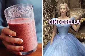 On the left, someone holding a berry smoothie in a glass, and on the right, Lily James as Cinderella