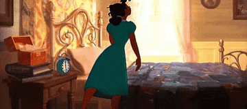 GIF of Tiana collapsing on bed