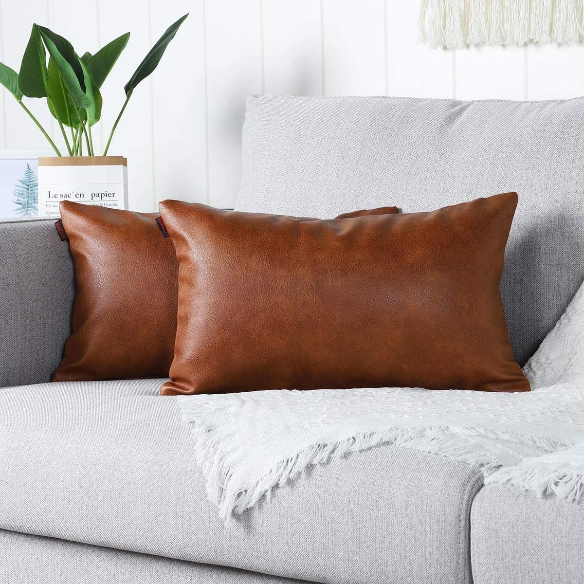 Two throw pillows on a couch in the cushion covers