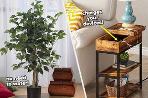 A faux ficus and an end table with hidden charging ports